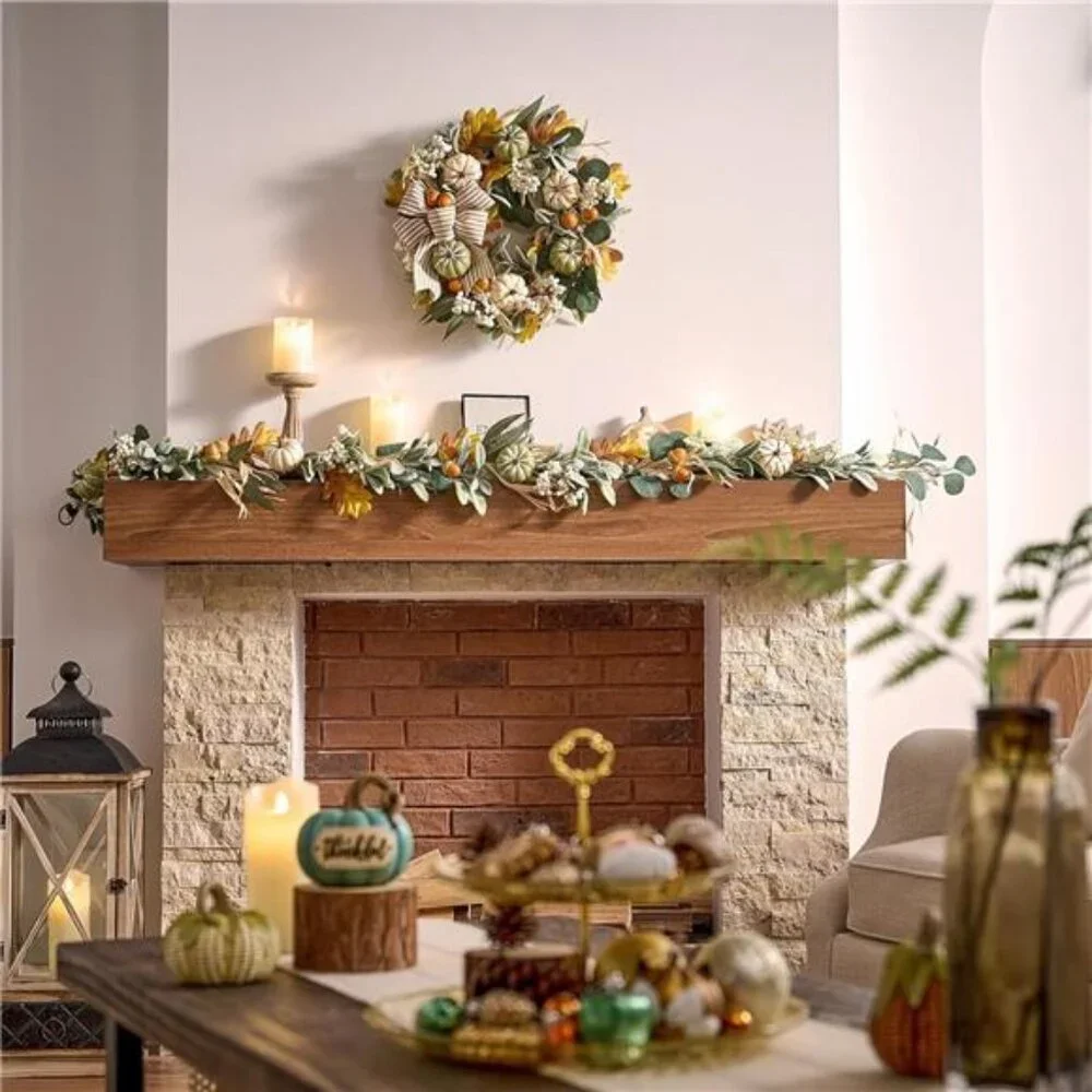 Fall Garland for Mantle, 6ft Lambs Ear Leaves Garland with Lights